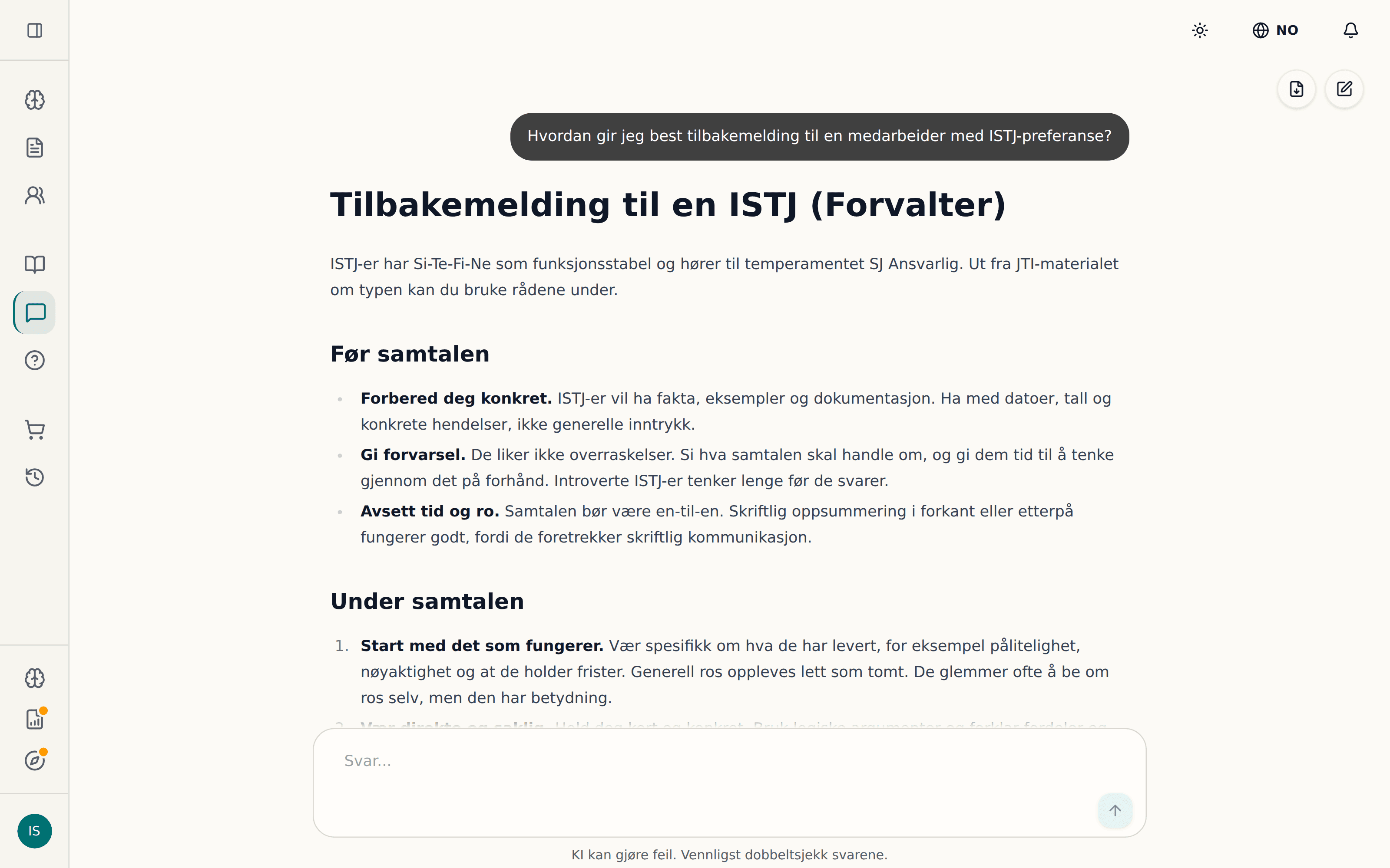 AI-assistenten svarer på hvordan man gir tilbakemelding til en medarbeider med ISTJ-preferanse