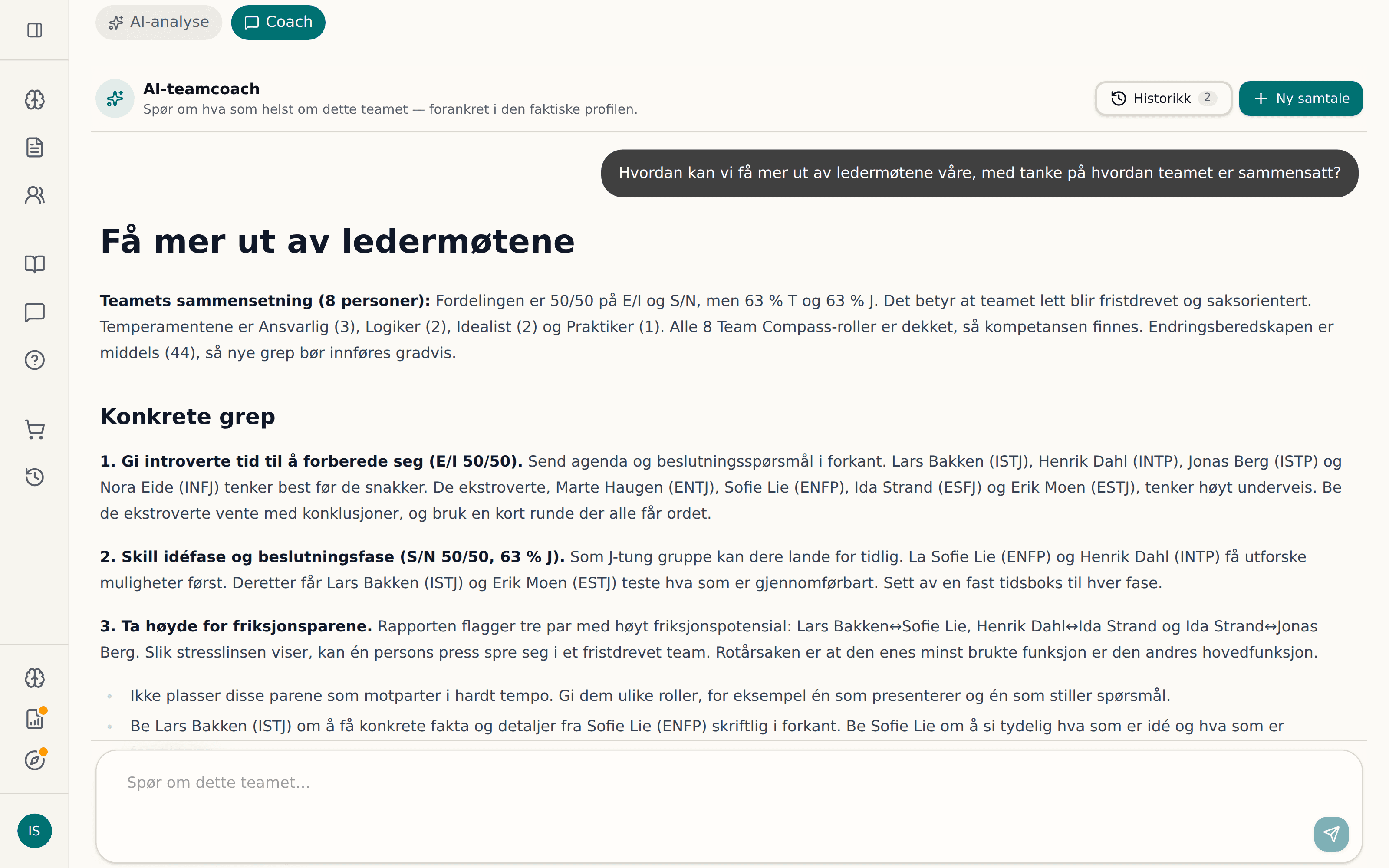 AI-teamcoachen svarer på hvordan en ledergruppe kan få mer ut av ledermøtene, med konkrete grep for hvert teammedlem
