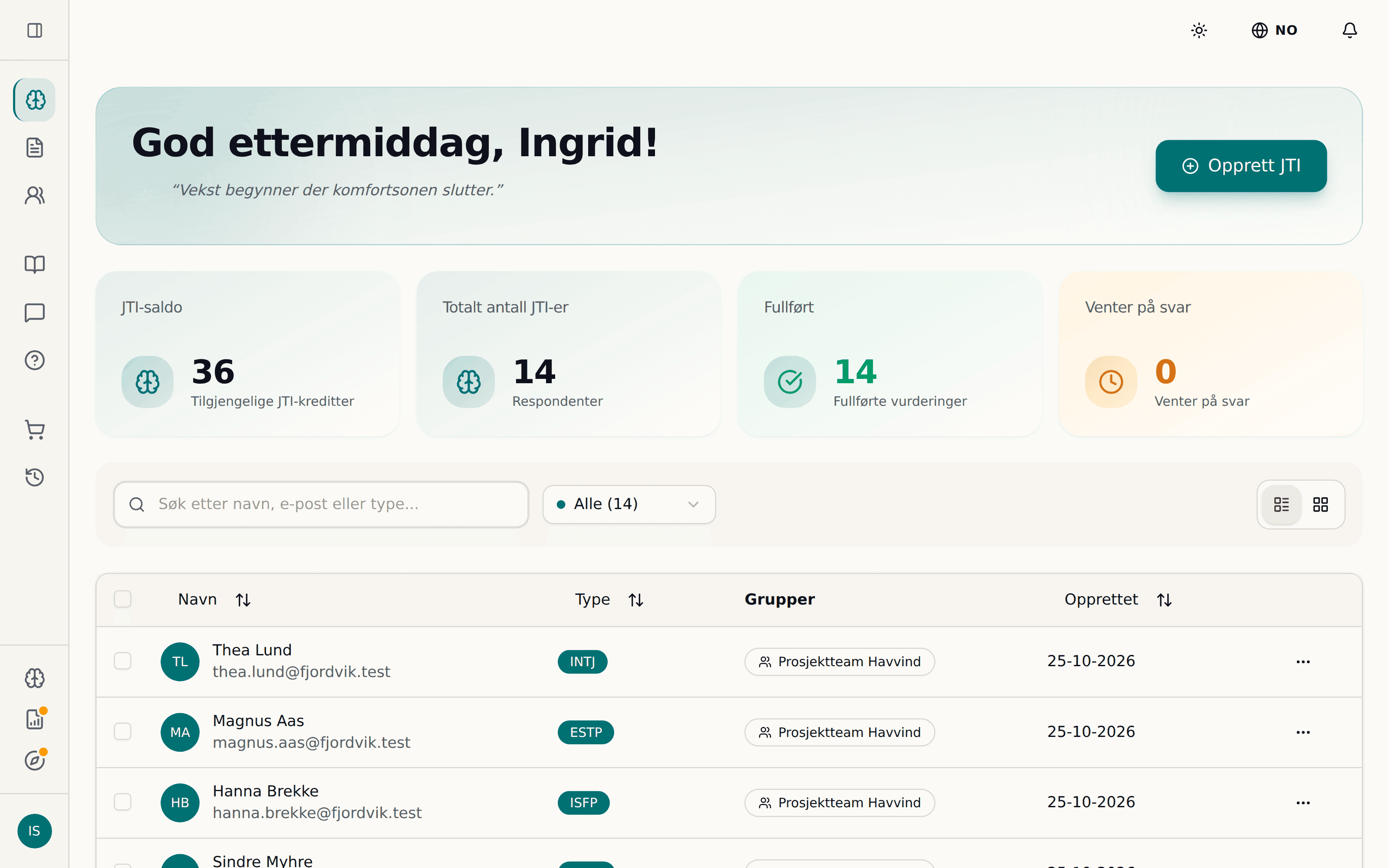 Respondentadministrasjon i OnlineJTI med statuser og handlinger